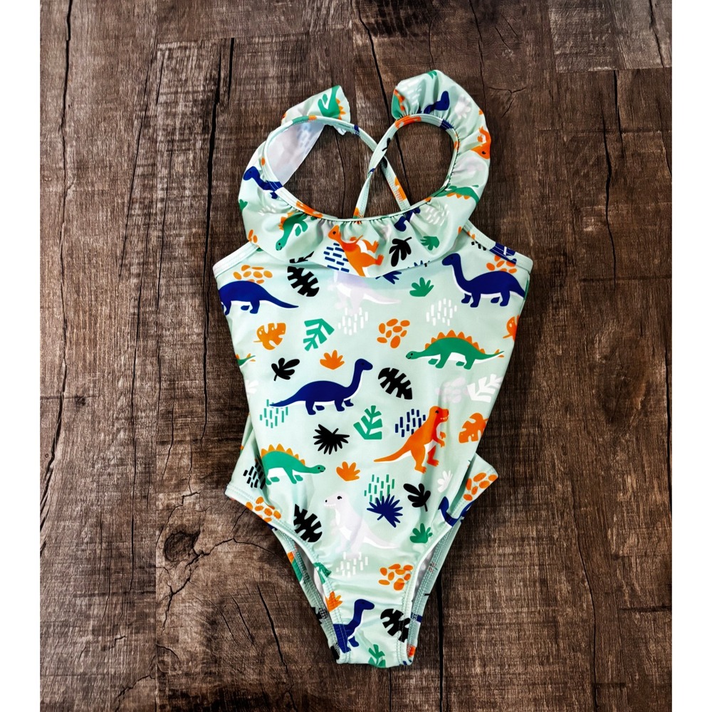 Cat Jack Kids Girls Swimsuit Mint Green Dinosaur‎ Print Ruffle Straps Size 3T